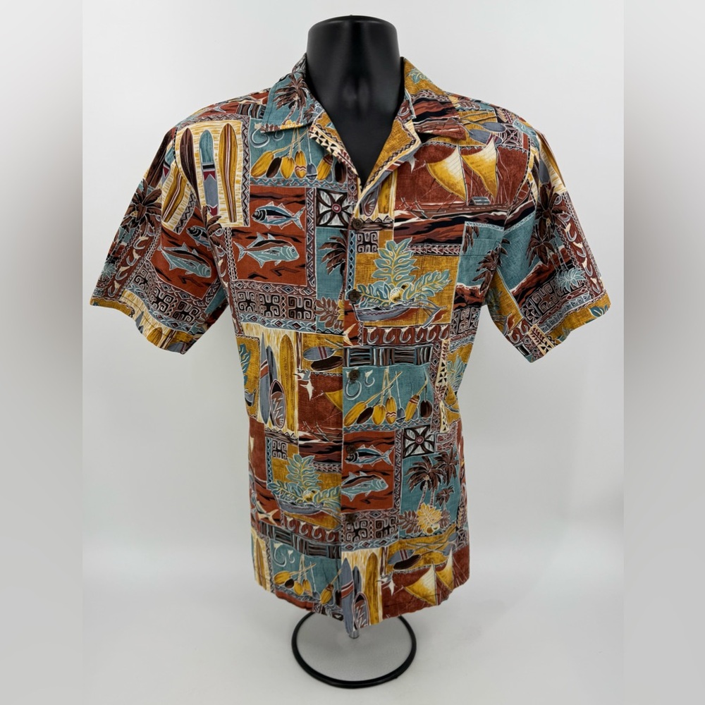 RJC Tribal Fish Tiki Surf Hawaiian All Over Print Cotton‎ Shirt Men’s Large L